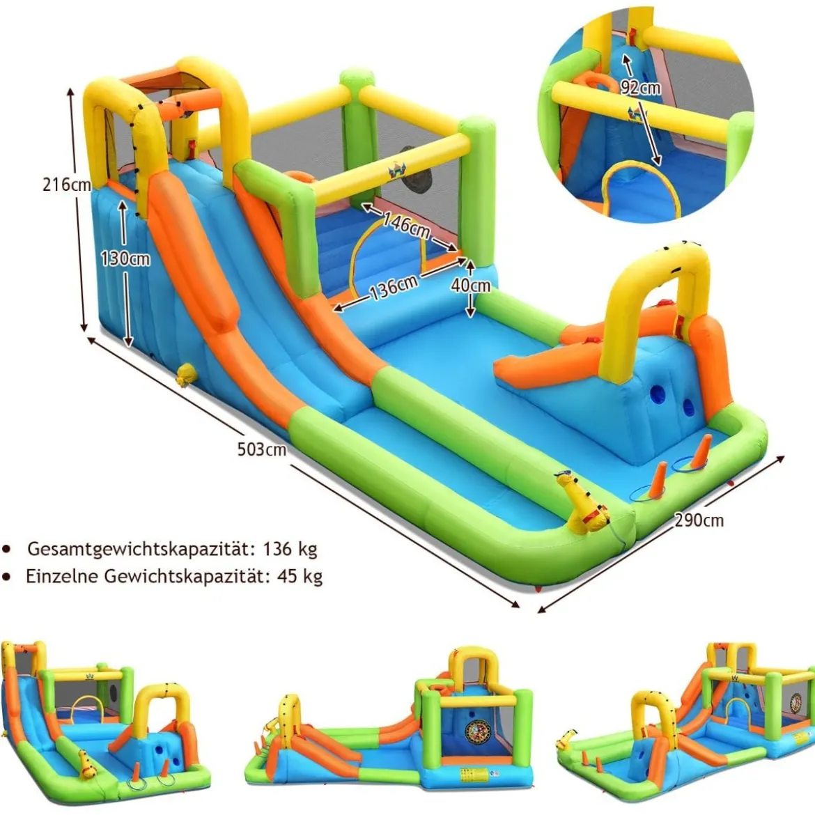 Hüpfburg mit Wasserpark & 2 Rutschen & Kletterwand & Basketballkorb 503 x 290 x 216 cm