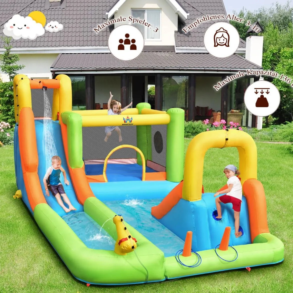 Hüpfburg mit Wasserpark & 2 Rutschen & Kletterwand & Basketballkorb 503 x 290 x 216 cm