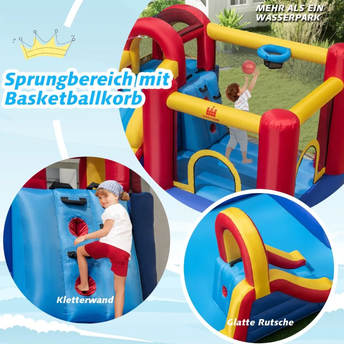 Hüpfburg mit Wasserrutsche Kletterwand Sprungbereich Wasserkanone 450 x 392 x 216 cm (ohne Gebläse)