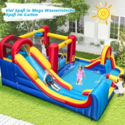 Hüpfburg mit Wasserrutsche Kletterwand Sprungbereich Wasserkanone 450 x 392 x 216 cm (ohne Gebläse)