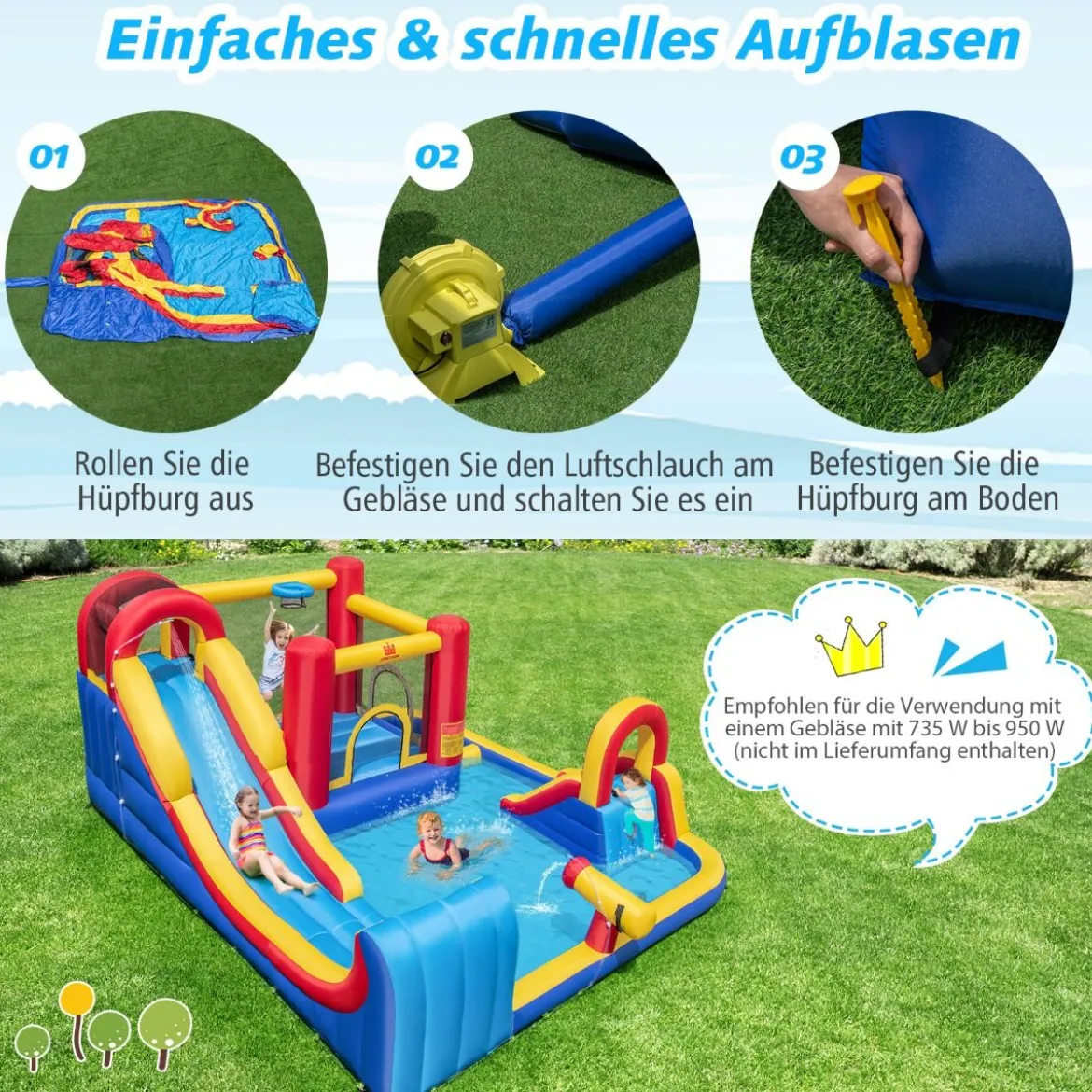 Hüpfburg mit Wasserrutsche Kletterwand Sprungbereich Wasserkanone 450 x 392 x 216 cm (ohne Gebläse)