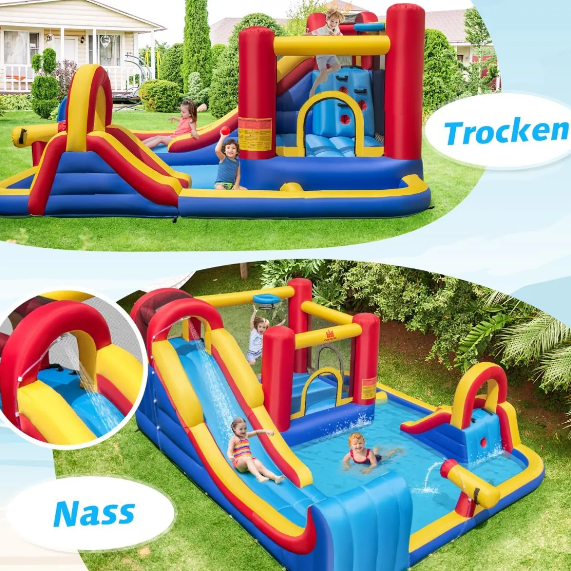 Hüpfburg mit Wasserrutsche Kletterwand Sprungbereich Wasserkanone 450 x 392 x 216 cm (ohne Gebläse)