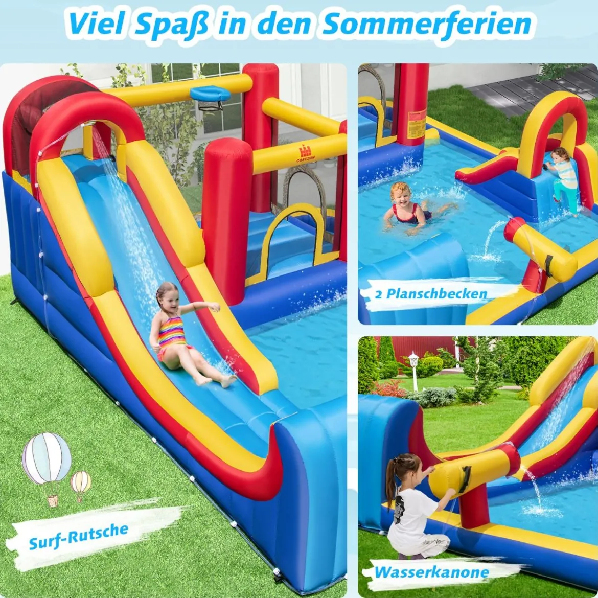Hüpfburg mit Wasserrutsche Kletterwand Sprungbereich Wasserkanone 450 x 392 x 216 cm (ohne Gebläse)