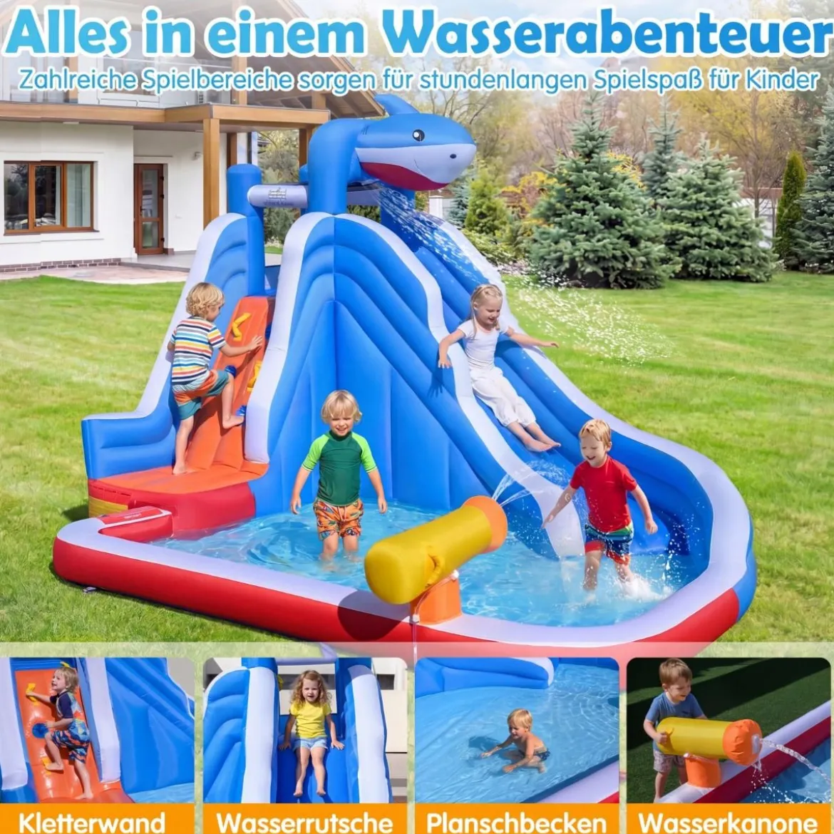Hüpfburg mit Wasserrutsche & Kletterwand & Wasserkanone & Planschbecken Wasserhüpfburg
