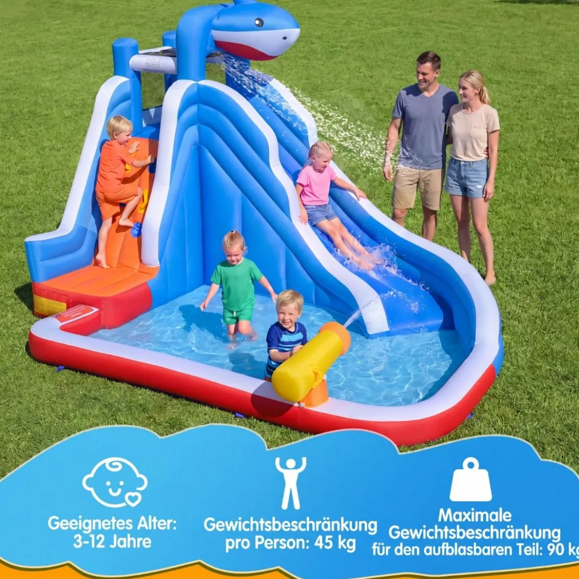 Hüpfburg mit Wasserrutsche & Kletterwand & Wasserkanone & Planschbecken Wasserhüpfburg
