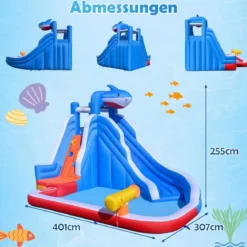 Hüpfburg mit Wasserrutsche & Kletterwand & Wasserkanone & Planschbecken Wasserhüpfburg