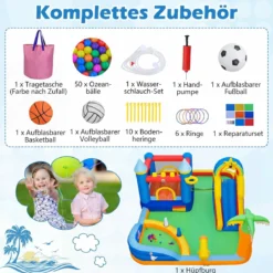 Hüpfburg mit Wasserrutsche, Kletterwand, Sprungbereich, Bällebad, Ringwurfspiel (Ohne Gebläse)