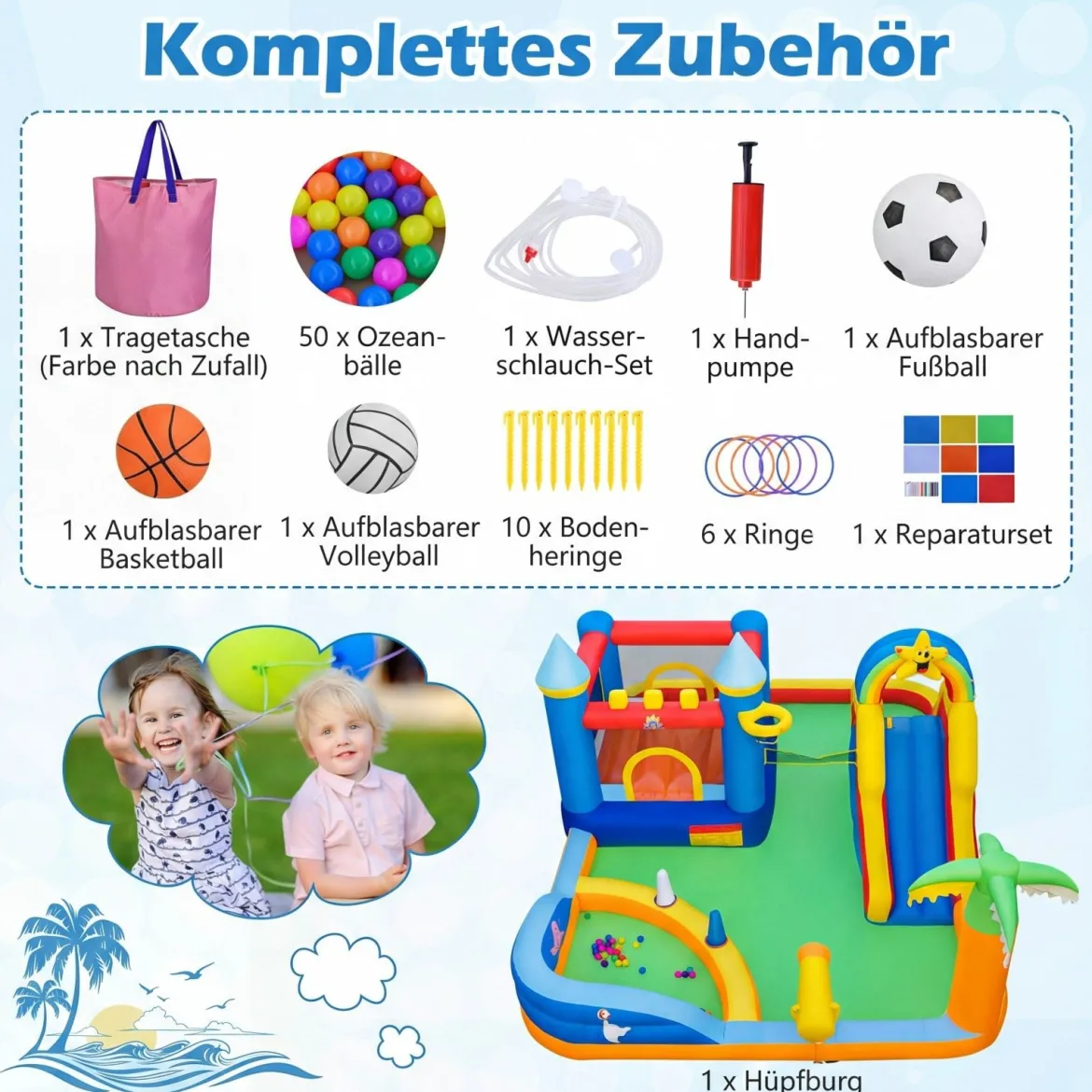 Hüpfburg mit Wasserrutsche, Kletterwand, Sprungbereich, Bällebad, Ringwurfspiel (Ohne Gebläse)