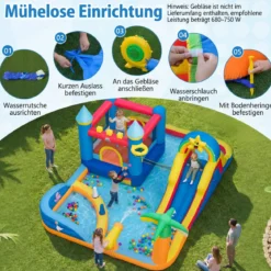 Hüpfburg mit Wasserrutsche, Kletterwand, Sprungbereich, Bällebad, Ringwurfspiel (Ohne Gebläse)