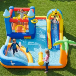 Hüpfburg mit Wasserrutsche, Kletterwand, Sprungbereich, Bällebad, Ringwurfspiel (Ohne Gebläse)