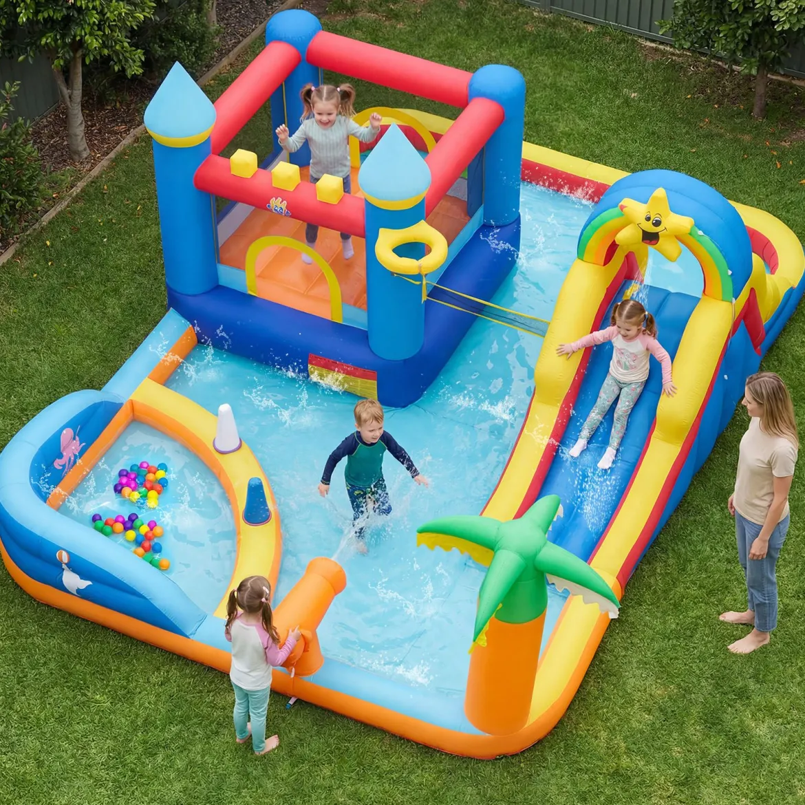 Hüpfburg mit Wasserrutsche, Kletterwand, Sprungbereich, Bällebad, Ringwurfspiel (Ohne Gebläse)
