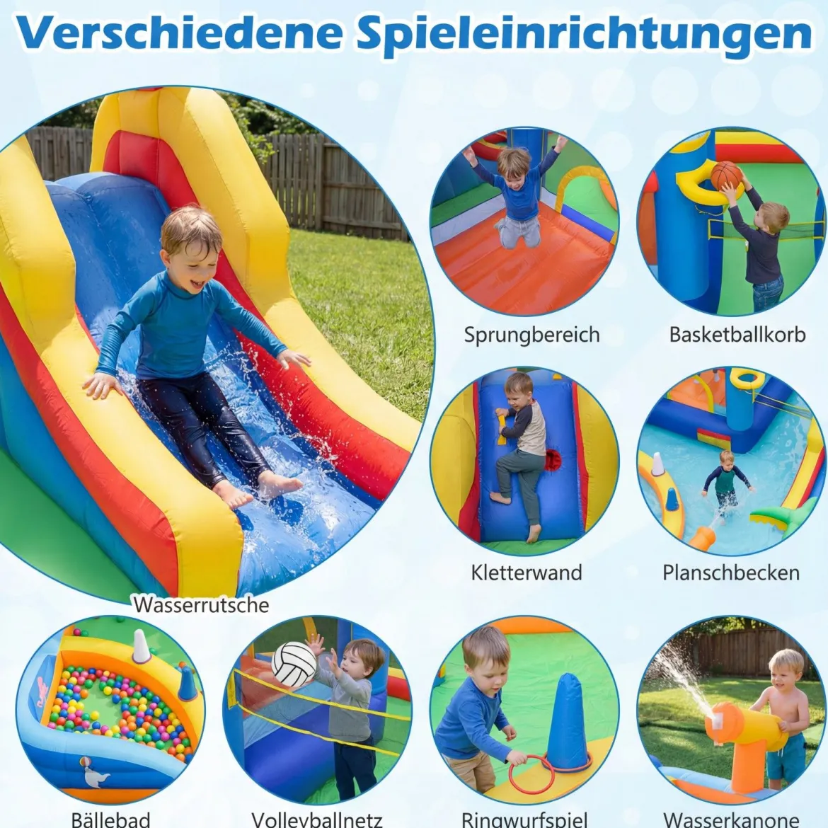 Hüpfburg mit Wasserrutsche, Kletterwand, Sprungbereich, Bällebad, Ringwurfspiel (Ohne Gebläse)