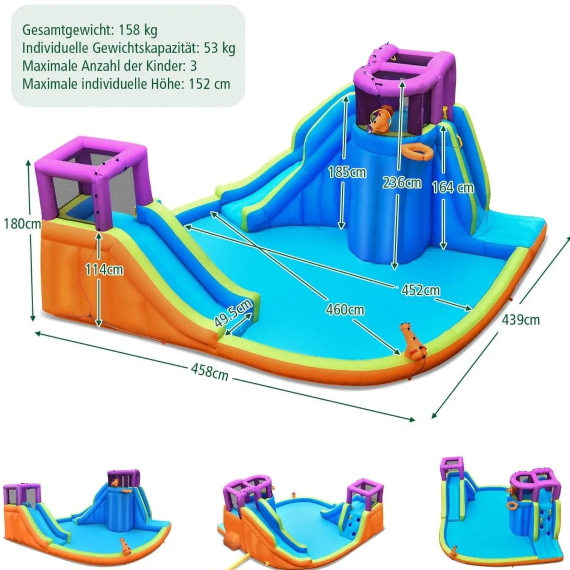 Hüpfburg mit Wasserrutsche Kletterwand 4 Sprinklern 2 Wasserwerfern & Planschbecken (ohne Gebläse)