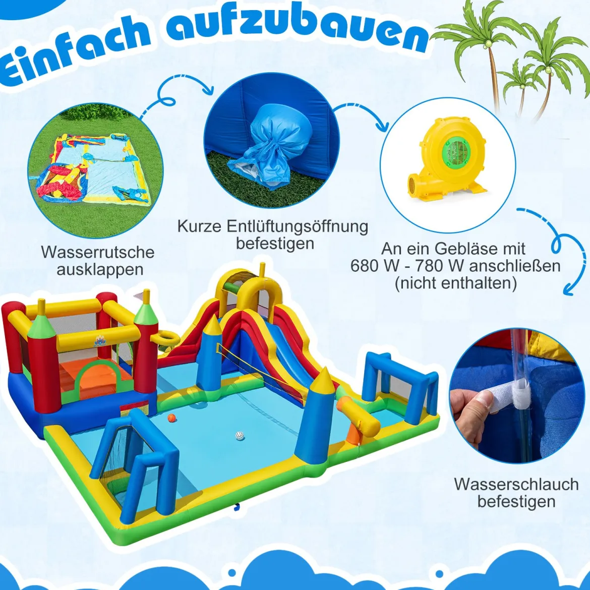 Hüpfburg mit Wasserrutsche Planschbecken Kletterwand Basketballkorb Sprungbereich 500 x 410 x 190 cm (ohne Gebläse)