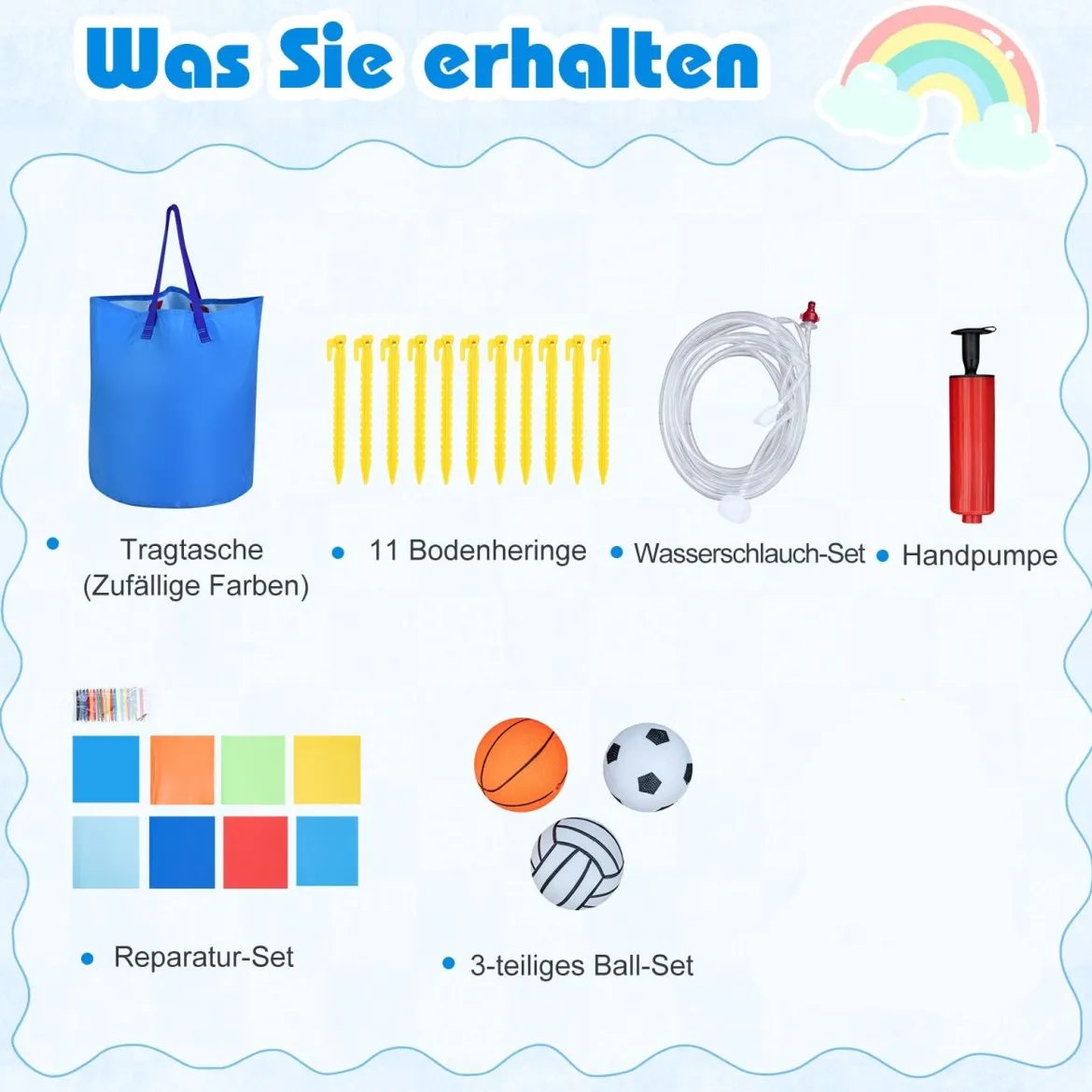 Hüpfburg mit Wasserrutsche Planschbecken Kletterwand Basketballkorb Sprungbereich 500 x 410 x 190 cm (ohne Gebläse)