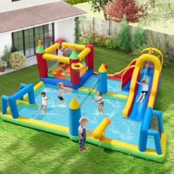 Hüpfburg mit Wasserrutsche Planschbecken Kletterwand Basketballkorb Sprungbereich 500 x 410 x 190 cm (ohne Gebläse)