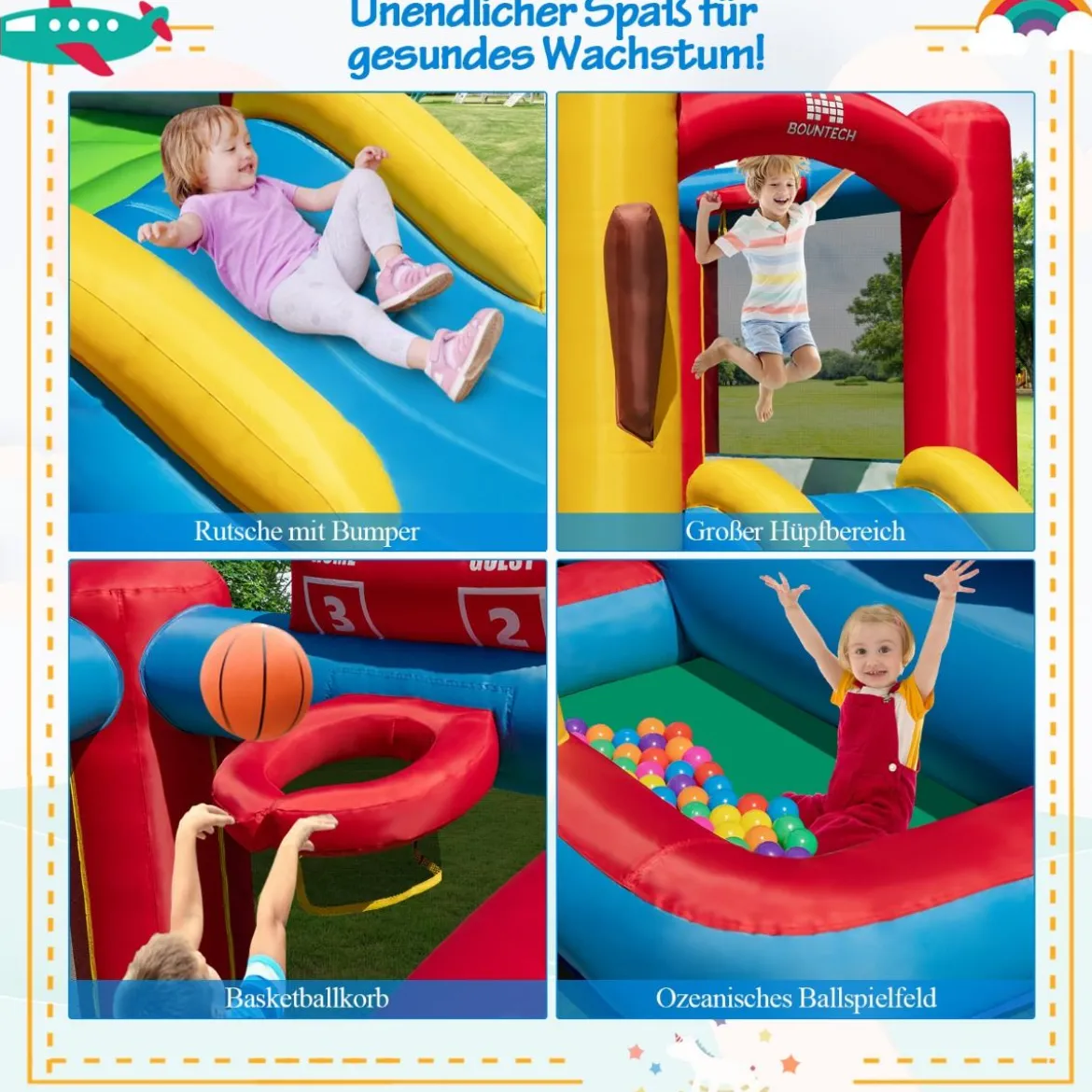 Hüpfburg Spielburg im Baseball-Thema für Kinder mit Bällebad & Rutsche & Meeresbällen 280 x 375 x 249 cm