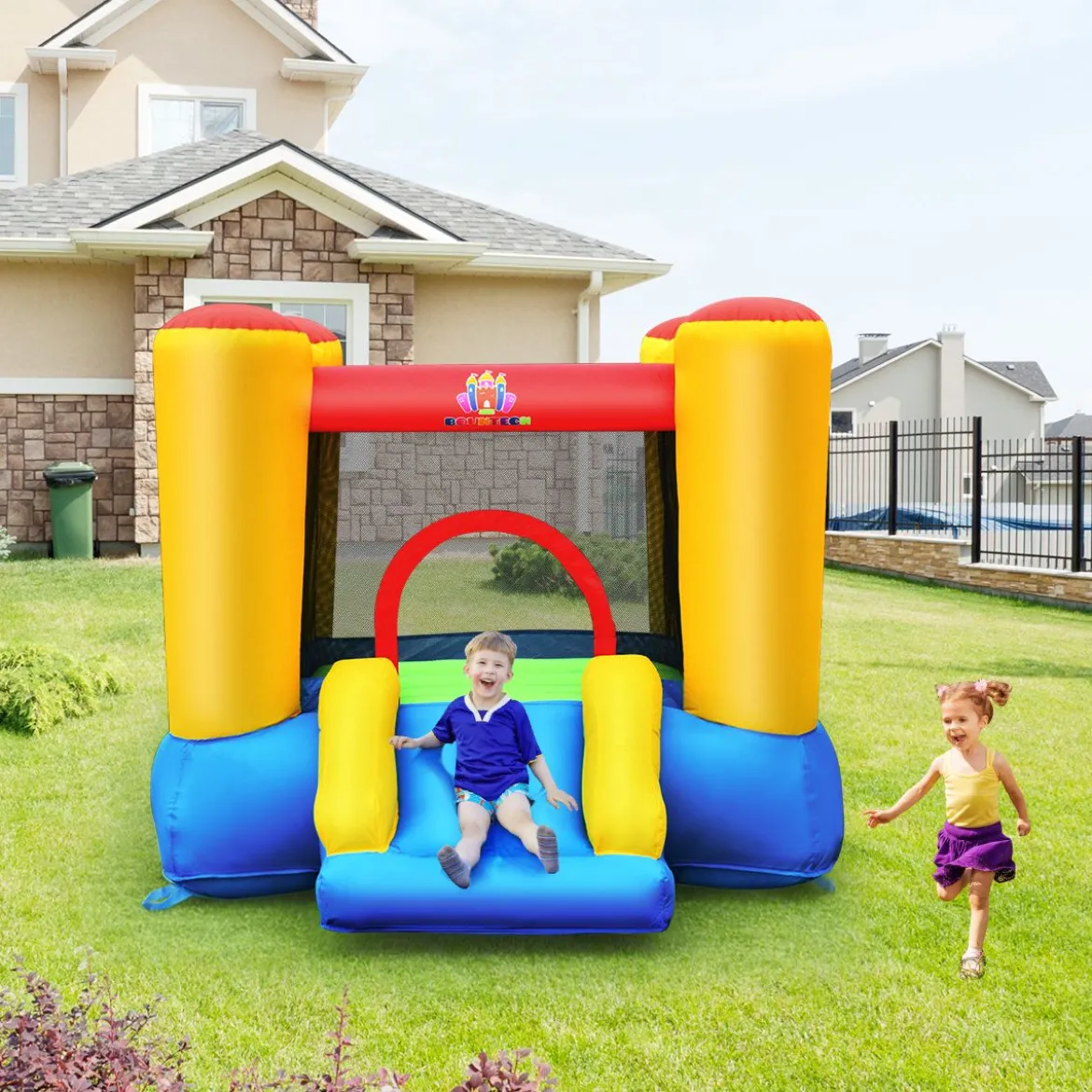 Hüpfburg und 300W Gebläse Kombination mit Rutsche Aufblasbares Outdoor Trampolin Spielburg 294x283x169cm
