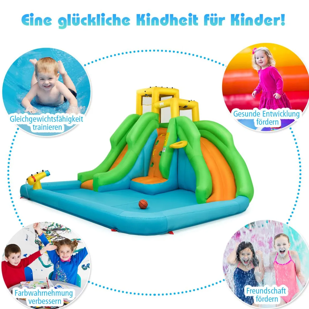 Hüpfburg Wasserpark mit Zwei Rutschen Kletterwand 400 x 361 x 255 cm (Ohne Gebläse)