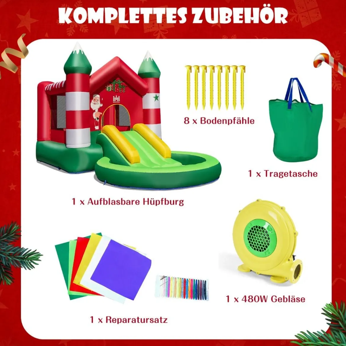 Hüpfburg Weihnachtliches Aufblasbares Kinderschloss mit Rutsche und Gebläse 390 x 210 x 220 cm