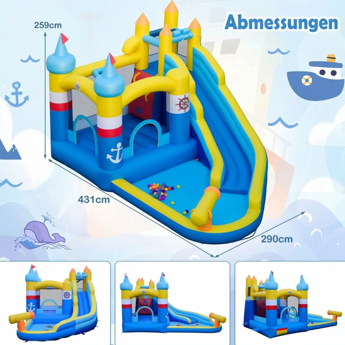 Hüpfburg + 750W Gebläse Set Wasserhüpfburg mit Wasserrutsche & Planschbecken & Wasserkanone