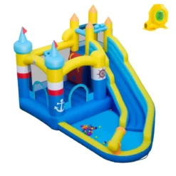 Hüpfburg + 750W Gebläse Set Wasserhüpfburg mit Wasserrutsche & Planschbecken & Wasserkanone
