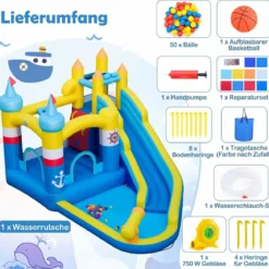 Hüpfburg + 750W Gebläse Set Wasserhüpfburg mit Wasserrutsche & Planschbecken & Wasserkanone