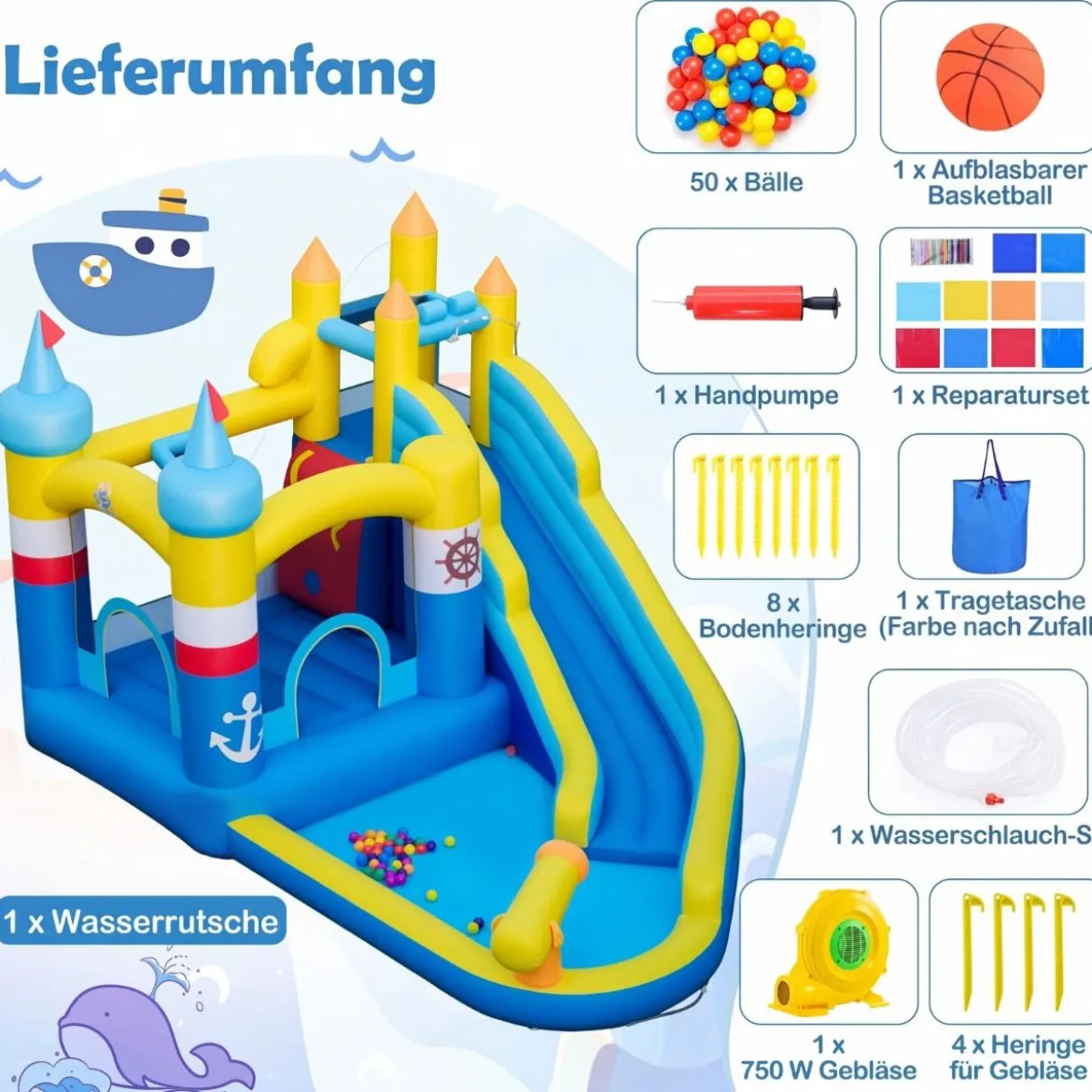 Hüpfburg + 750W Gebläse Set Wasserhüpfburg mit Wasserrutsche & Planschbecken & Wasserkanone