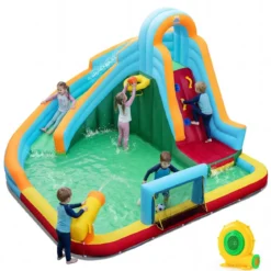Hüpfburg +680W Gebläse Set Wasserhüpfburg mit Wasserrutsche & Kletterwand & Wasserkanone