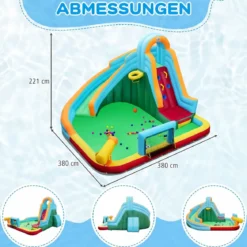 Hüpfburg +680W Gebläse Set Wasserhüpfburg mit Wasserrutsche & Kletterwand & Wasserkanone