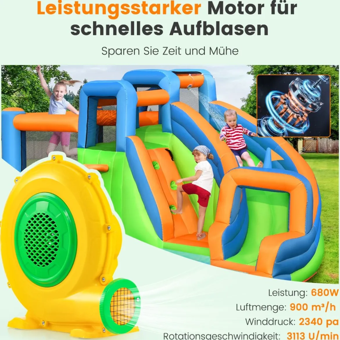 Hüpfburg + 680W Gebläse Set Wasserhüpfburg mit Wasserrutsche & Kletterwand & Planschbecken