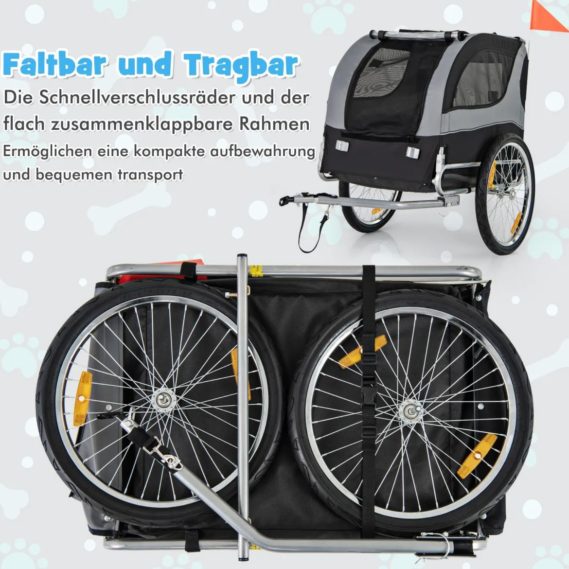 Hundeanhänger für Fahrrad Haustieranhänger für Fahrrad 40 kg Belastbar Grau