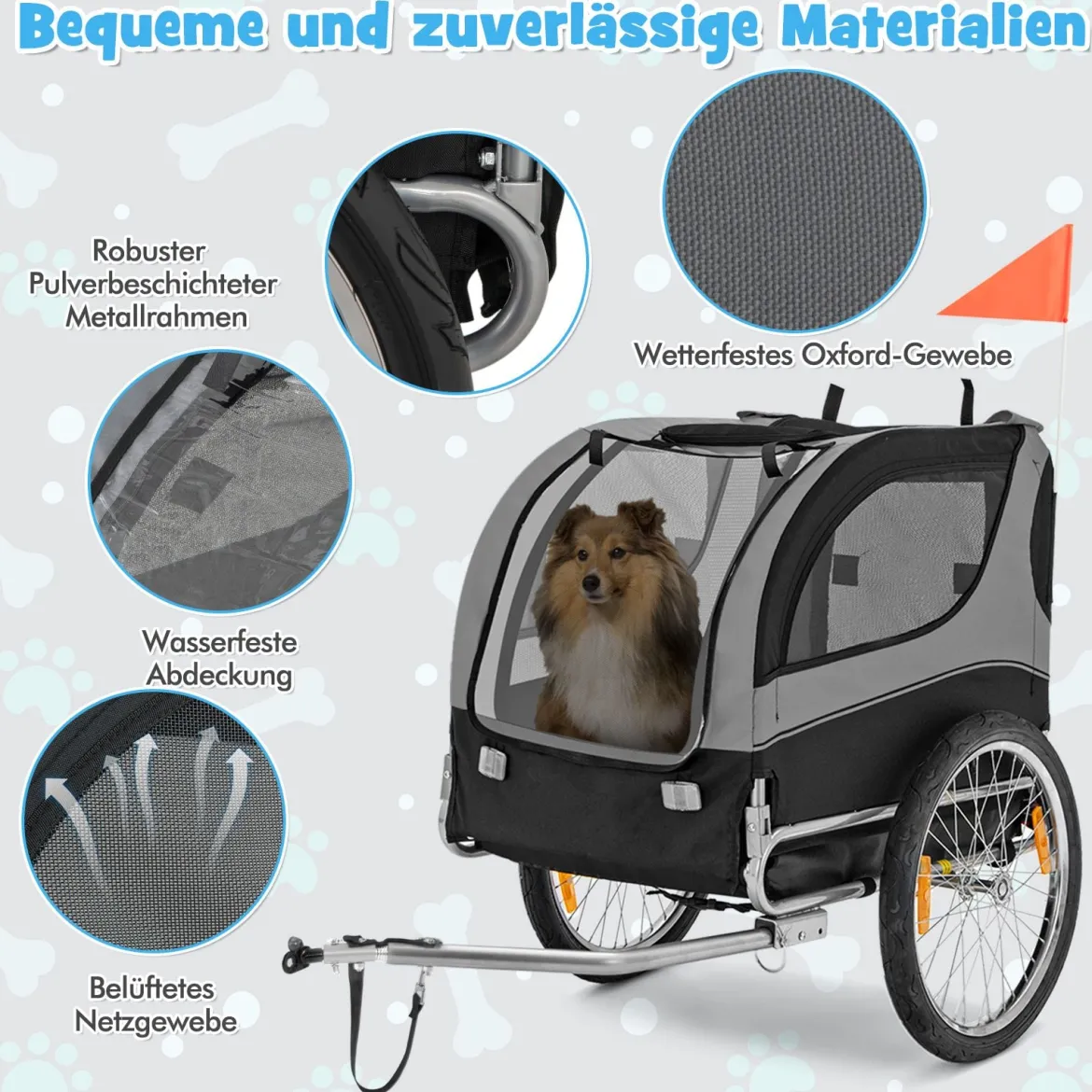 Hundeanhänger für Fahrrad Haustieranhänger für Fahrrad 40 kg Belastbar Grau