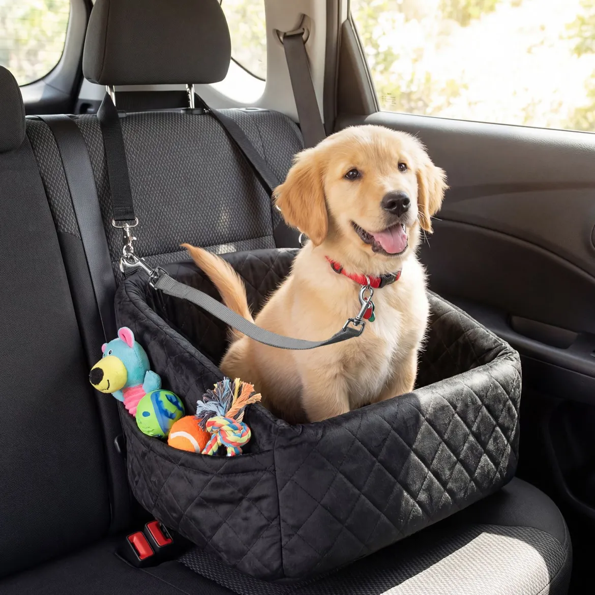 Hunde Autositz für Kleine/Mittlere Hunde Weicher Hundeautositz mit Sicherheitsgurten Seitentaschen Schwarz