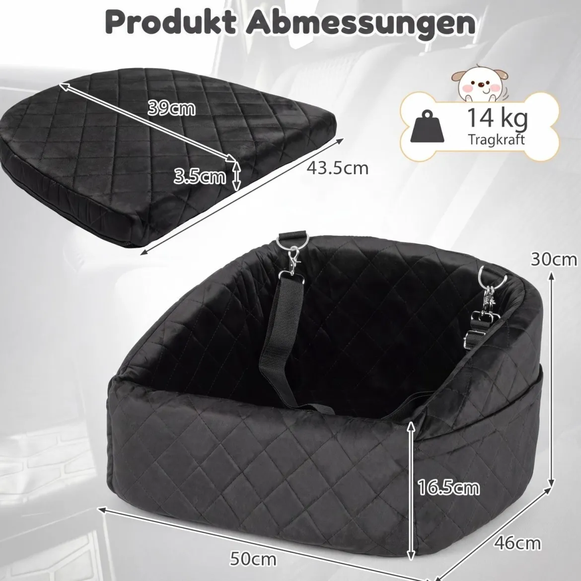 Hunde Autositz für Kleine/Mittlere Hunde Weicher Hundeautositz mit Sicherheitsgurten Seitentaschen Schwarz