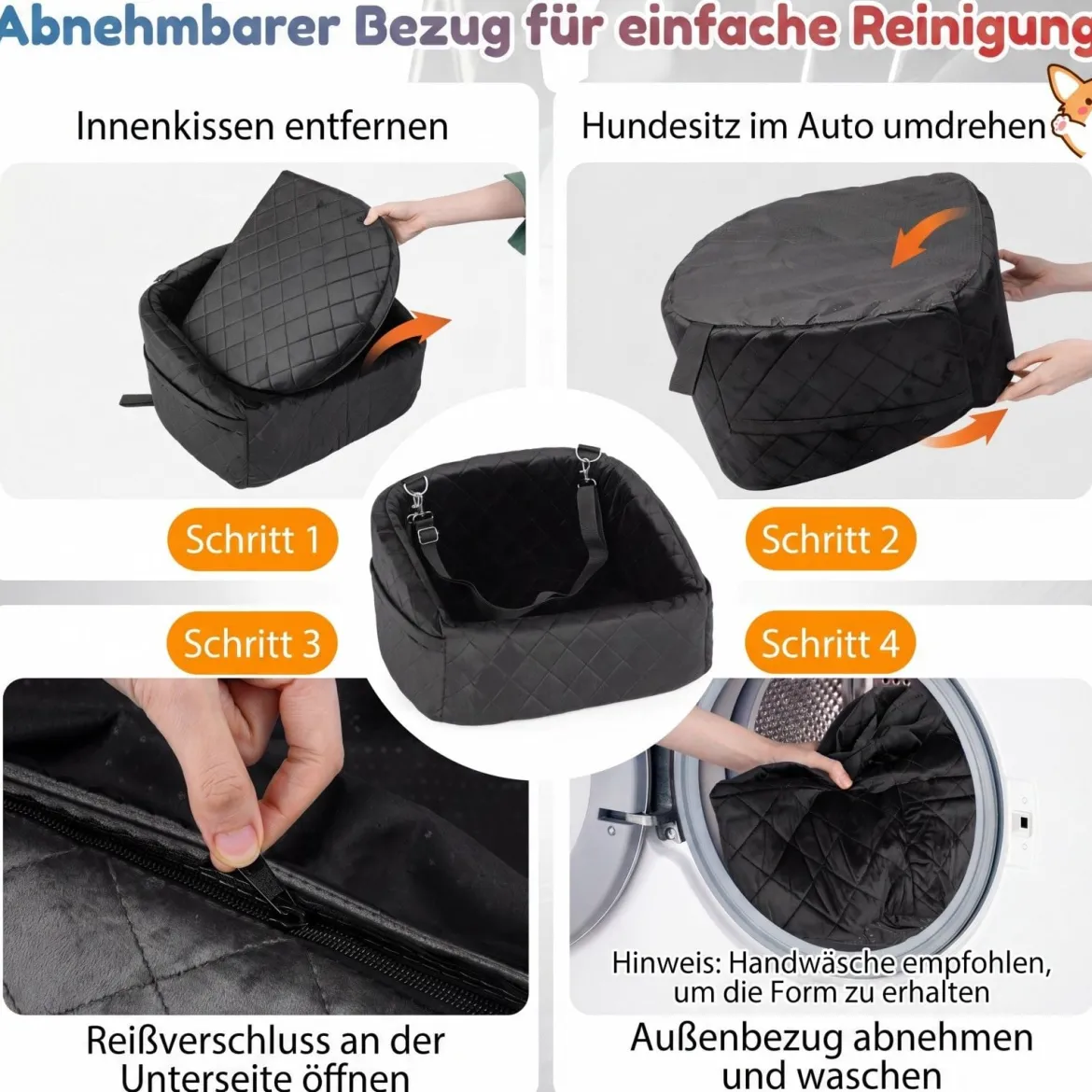 Hunde Autositz für Kleine/Mittlere Hunde Weicher Hundeautositz mit Sicherheitsgurten Seitentaschen Schwarz