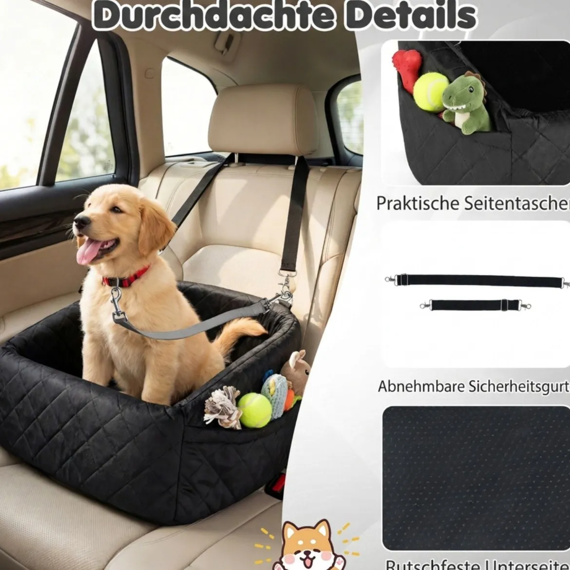 Hunde Autositz für Kleine/Mittlere Hunde Weicher Hundeautositz mit Sicherheitsgurten Seitentaschen Schwarz