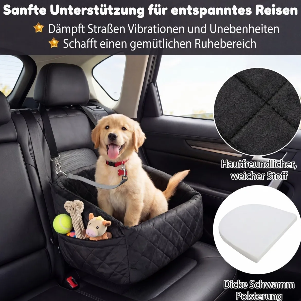 Hunde Autositz für Kleine/Mittlere Hunde Weicher Hundeautositz mit Sicherheitsgurten Seitentaschen Schwarz