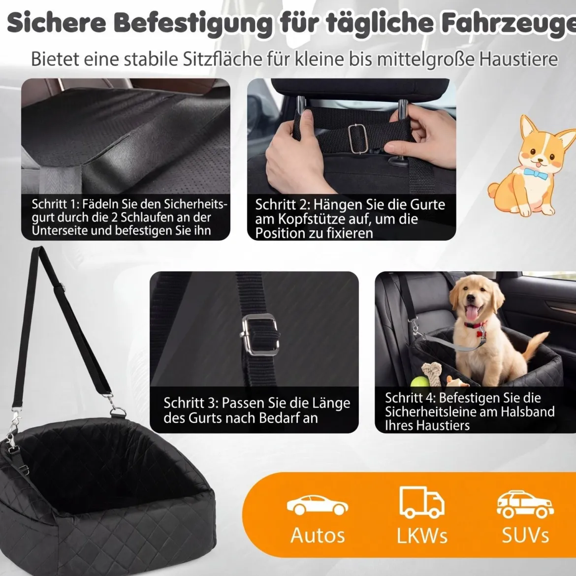 Hunde Autositz für Kleine/Mittlere Hunde Weicher Hundeautositz mit Sicherheitsgurten Seitentaschen Schwarz