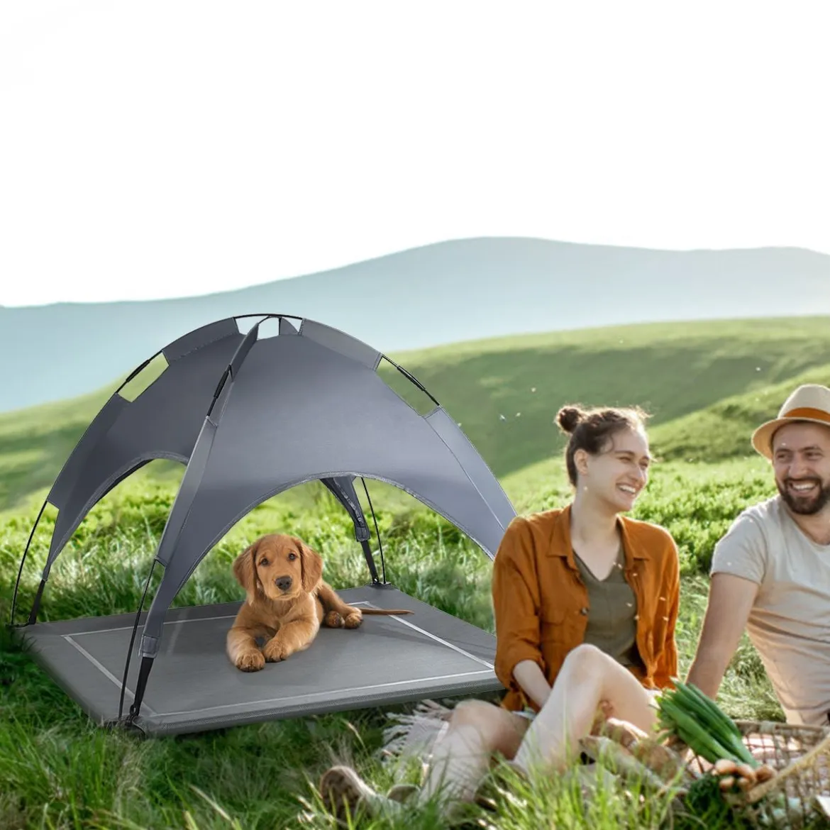 Hundebett mit Baldachin Hundeliege Garten Haustierbett und Zelt 105 x 87 x 89 cm Grau