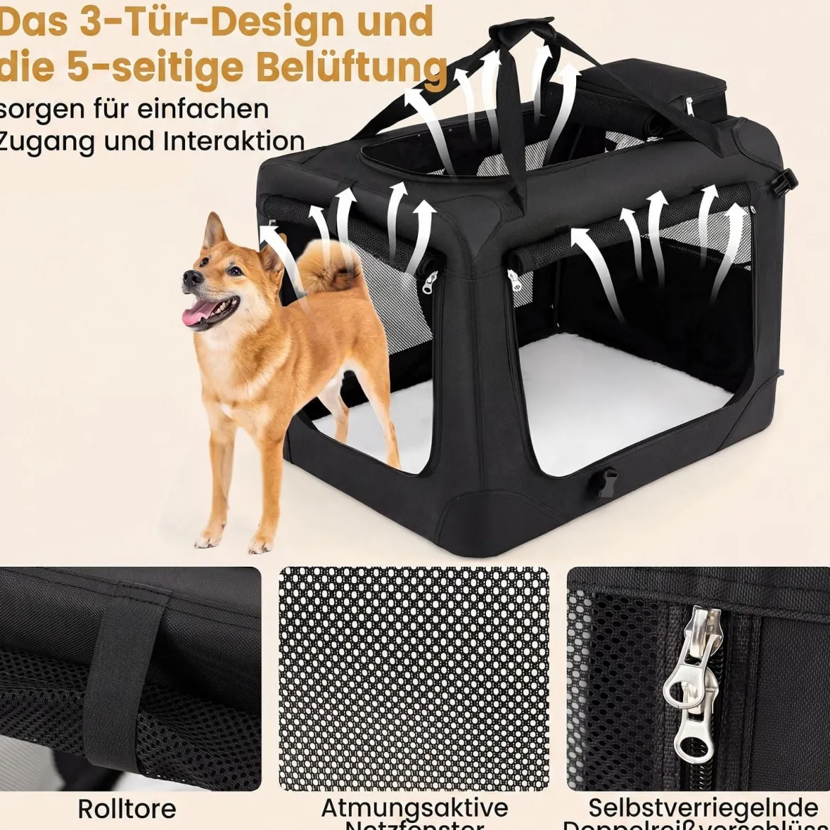 Hundebox Faltbar Tragbare Hundetransportbox mit Netzfenstern 3 Türen Tragegriffen M