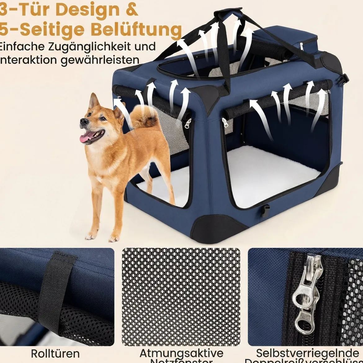 Hundebox Faltbar Tragbare Hundetransportbox mit Netzfenstern 3 Türen Tragegriffen M