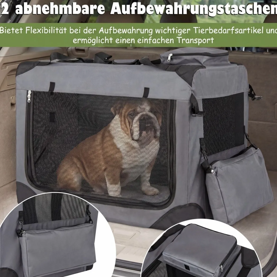 Hundebox Faltbar Tragbare Hundetransportbox mit Netzfenstern 3 Türen Tragegriffen M