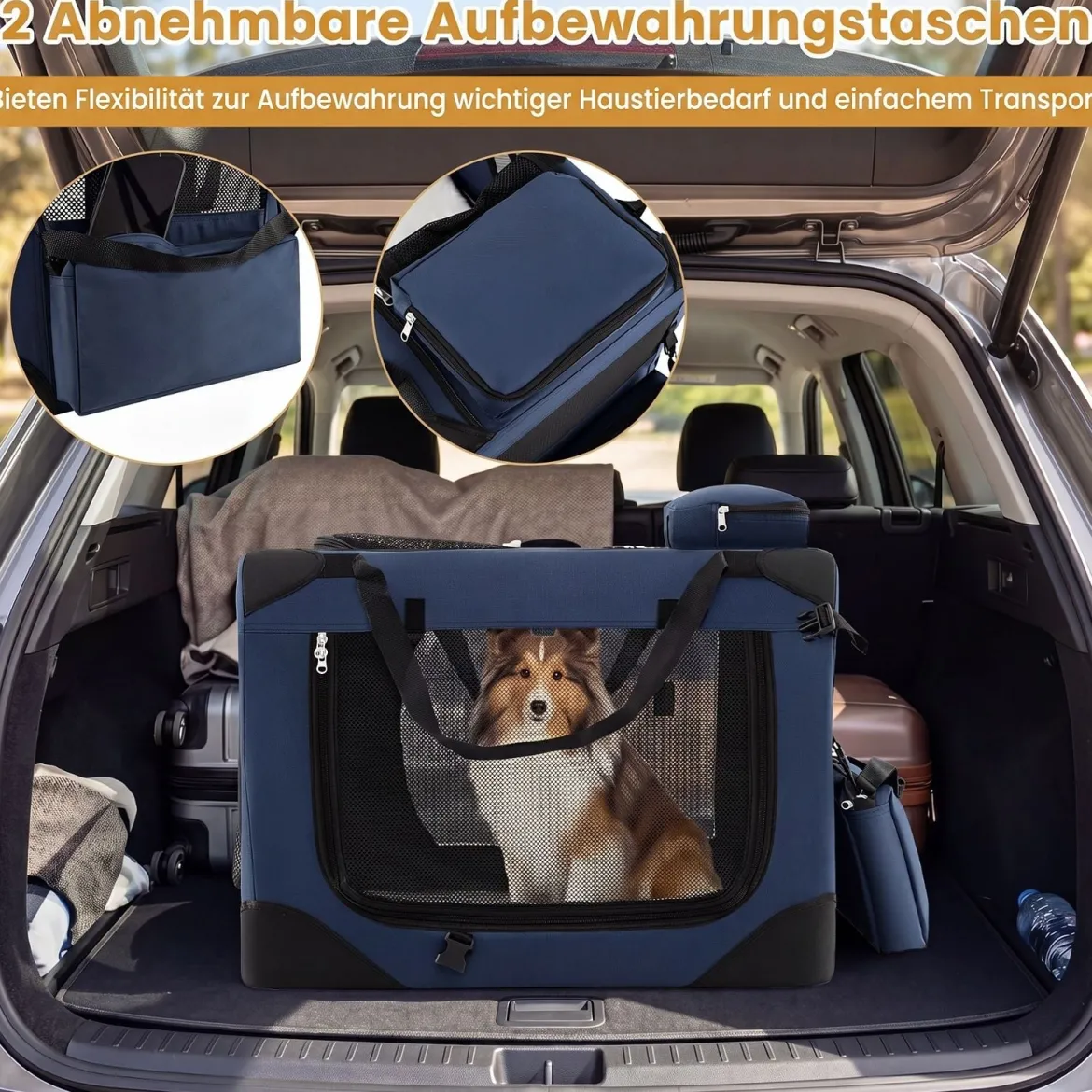 Hundebox Faltbar Tragbare Hundetransportbox mit Netzfenstern 3 Türen Tragegriffen M