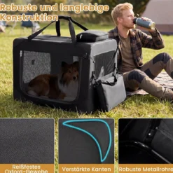 Hundebox Faltbar Tragbare Hundetransportbox mit Netzfenstern 3 Türen Tragegriffen M