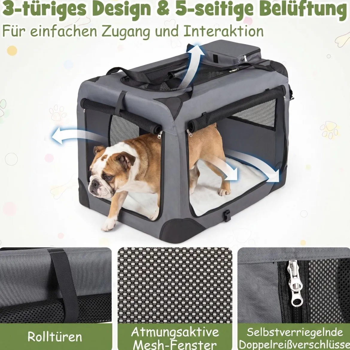 Hundebox Faltbar Tragbare Hundetransportbox mit Netzfenstern 3 Türen Tragegriffen M