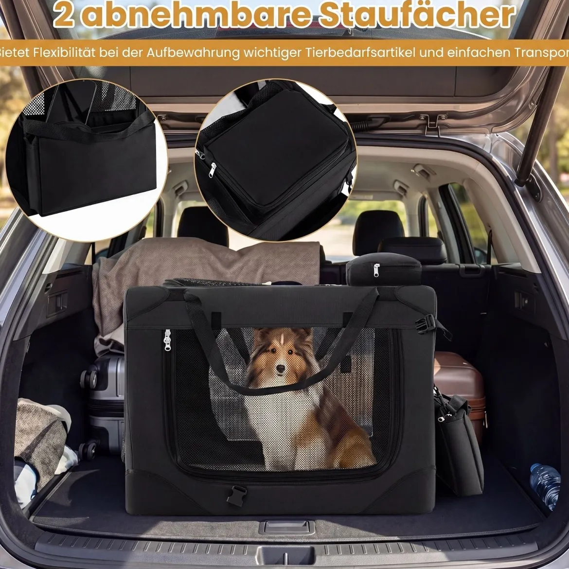 Hundebox Faltbar Tragbare Hundetransportbox mit Netzfenstern 3 Türen Tragegriffen M