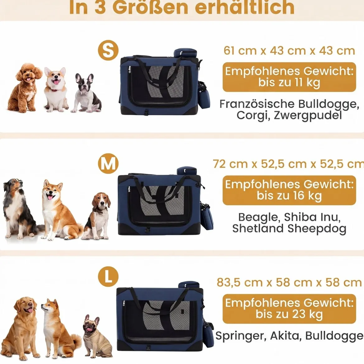Hundebox Faltbar Tragbare Hundetransportbox mit Netzfenstern 3 Türen Tragegriffen M