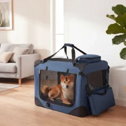 Hundebox Faltbar Tragbare Hundetransportbox mit Netzfenstern 3 Türen Tragegriffen M