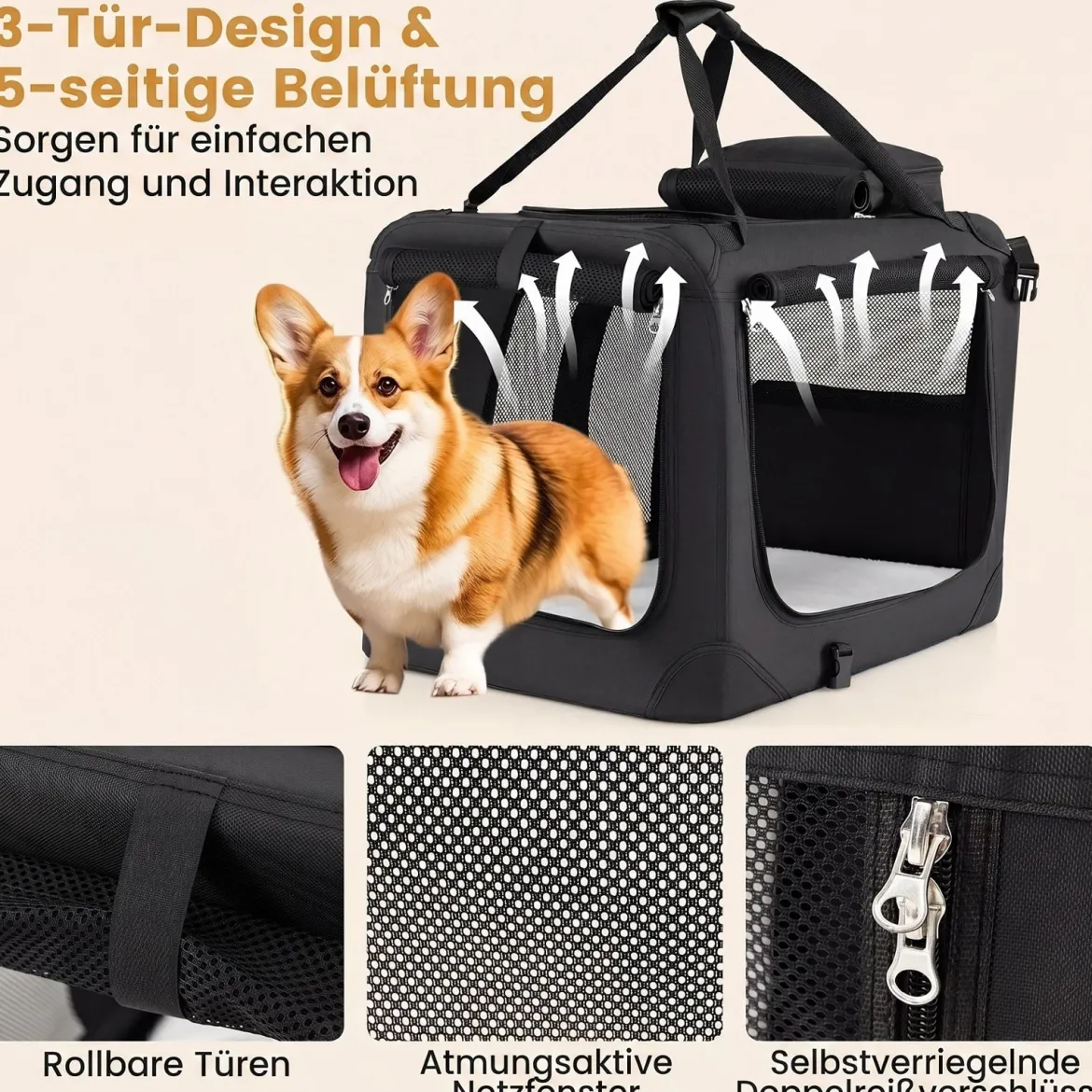 Hundebox Faltbar Tragbare Hundetransportbox mit Netzfenstern 3 Türen Abnehmbarem Polster S